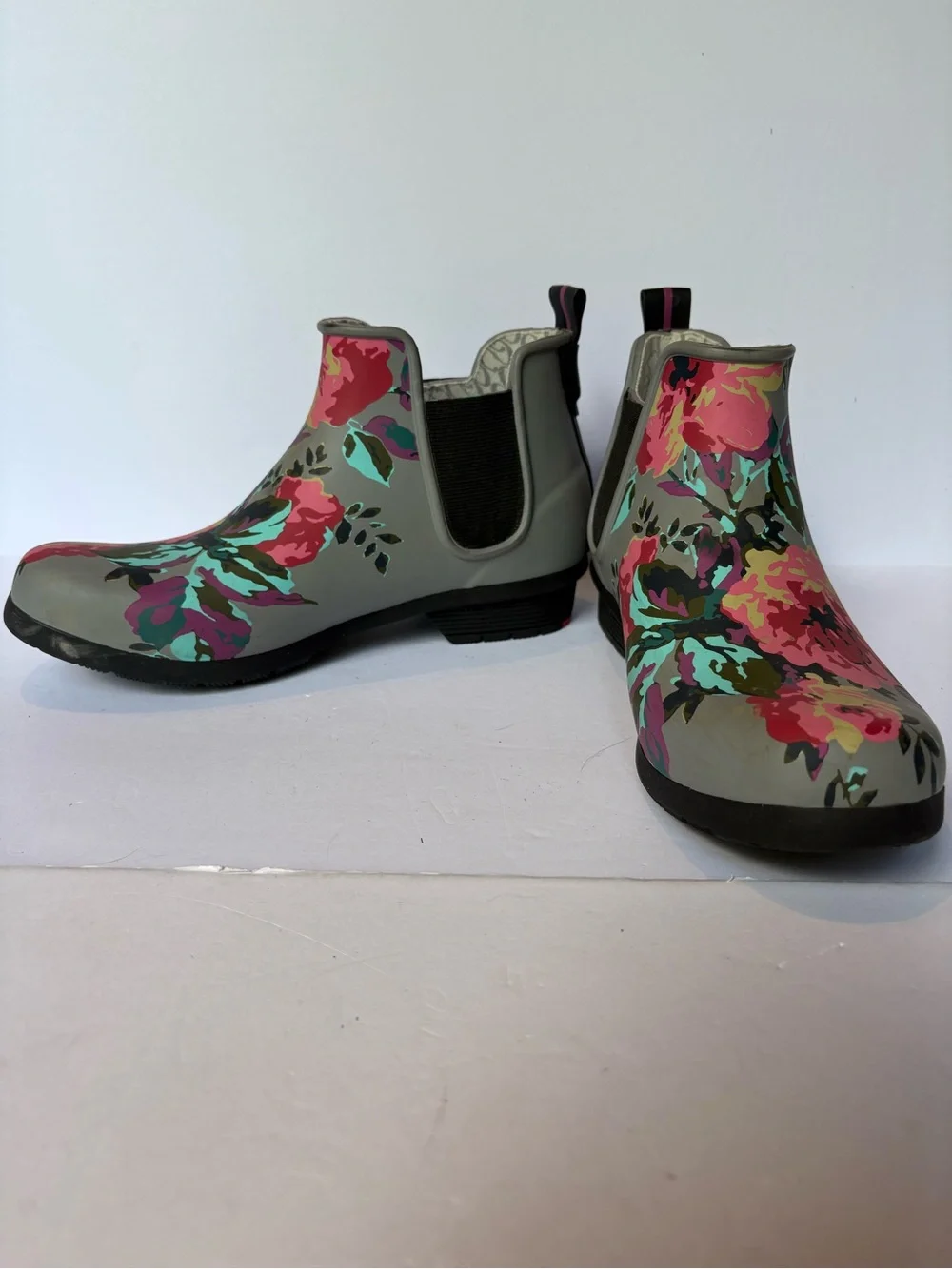 Chooka Women's Floral Rain Chelsea Booties - Gray with Pink Multi Accents Size 9